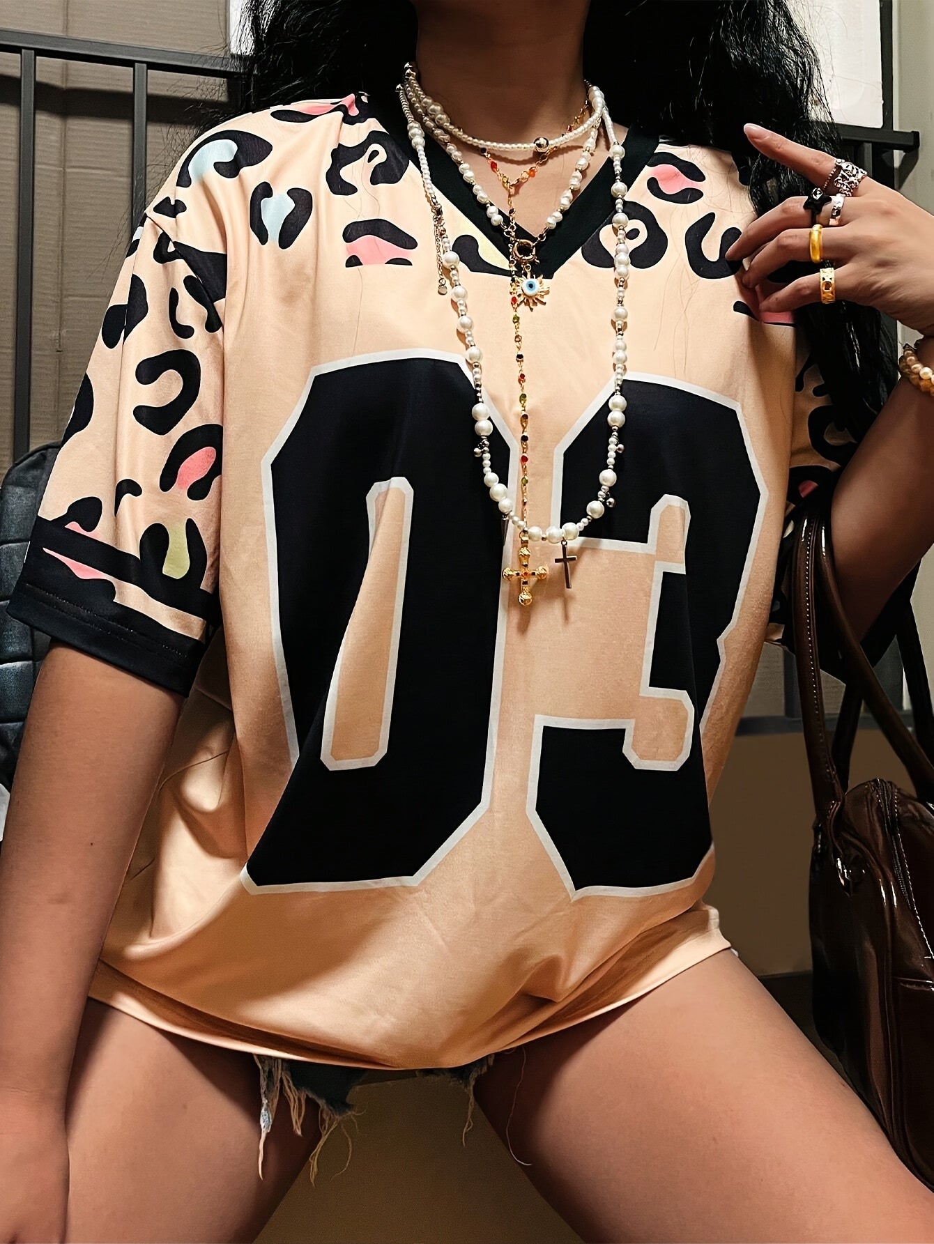 Women's Sporty Chic V-Neck T-Shirt with Bold '03' Numerals & Leopard Print - Lightweight Breathable Fabric, Machine Washable, Spring/Summer Casual Top, Ladies T Shirts, Summer Fashion, Vneck Tee, Sophisticated Design